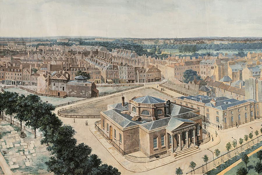A portion of a panoramic view of London, from St Margaret’s Church, Westminster,
        c.1815, Pierre Prévost (Museum of London). Click to enlarge.