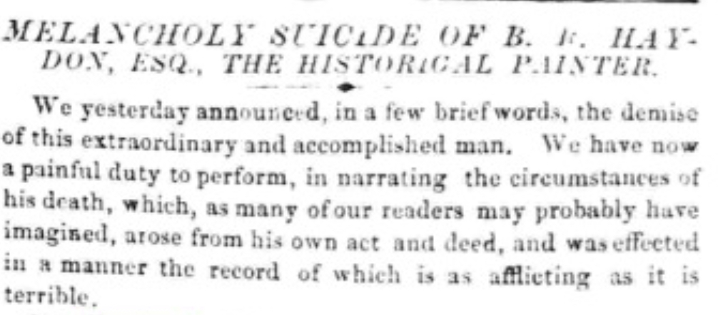 Notice of Haydon’s suicide,The Morning Post, 24 June 1846. Click to enlarge.