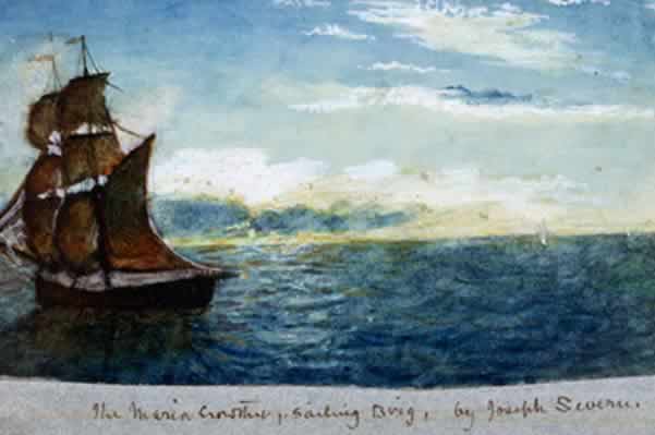 The Maria Crowther, Sailing Brig, by Joseph Severn, 1820. Water colour.
          Image courtesy of Keats House, City of London Corporation (K/PZ/02/002). Click to enlarge.
