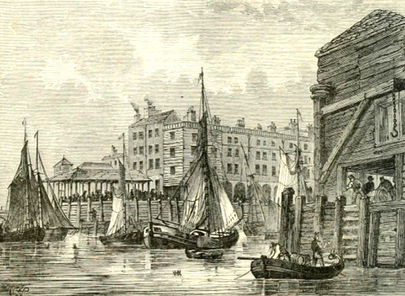 Billingsgate Dock, 1820, courtesy of London Bridge Museum & Educational Trust.
        Click to enlarge.