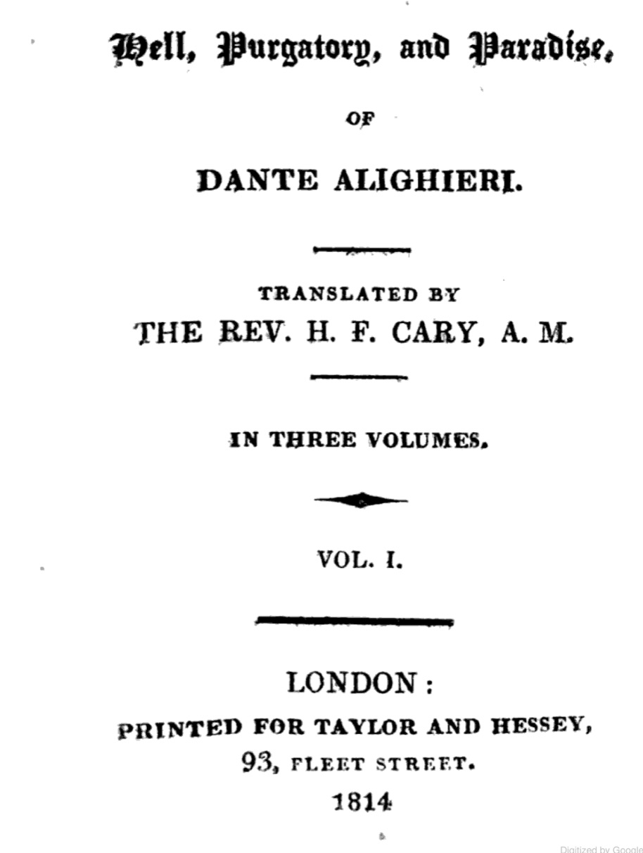 Title page of Cary’s 1814 3-volume of Dante. Click to enlarge.