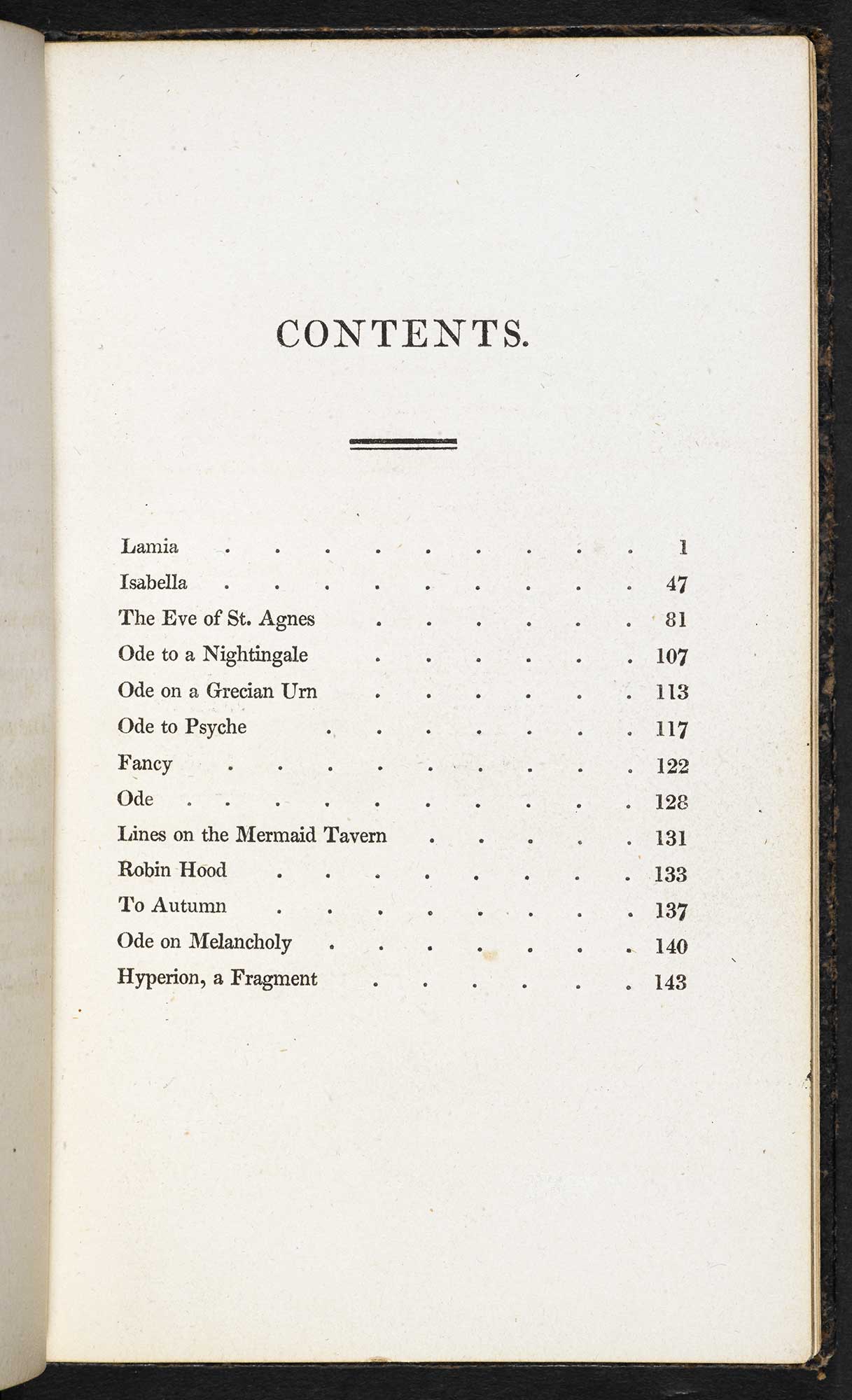 Contents page for Keats’s 1820 collection. Click to enlarge.
