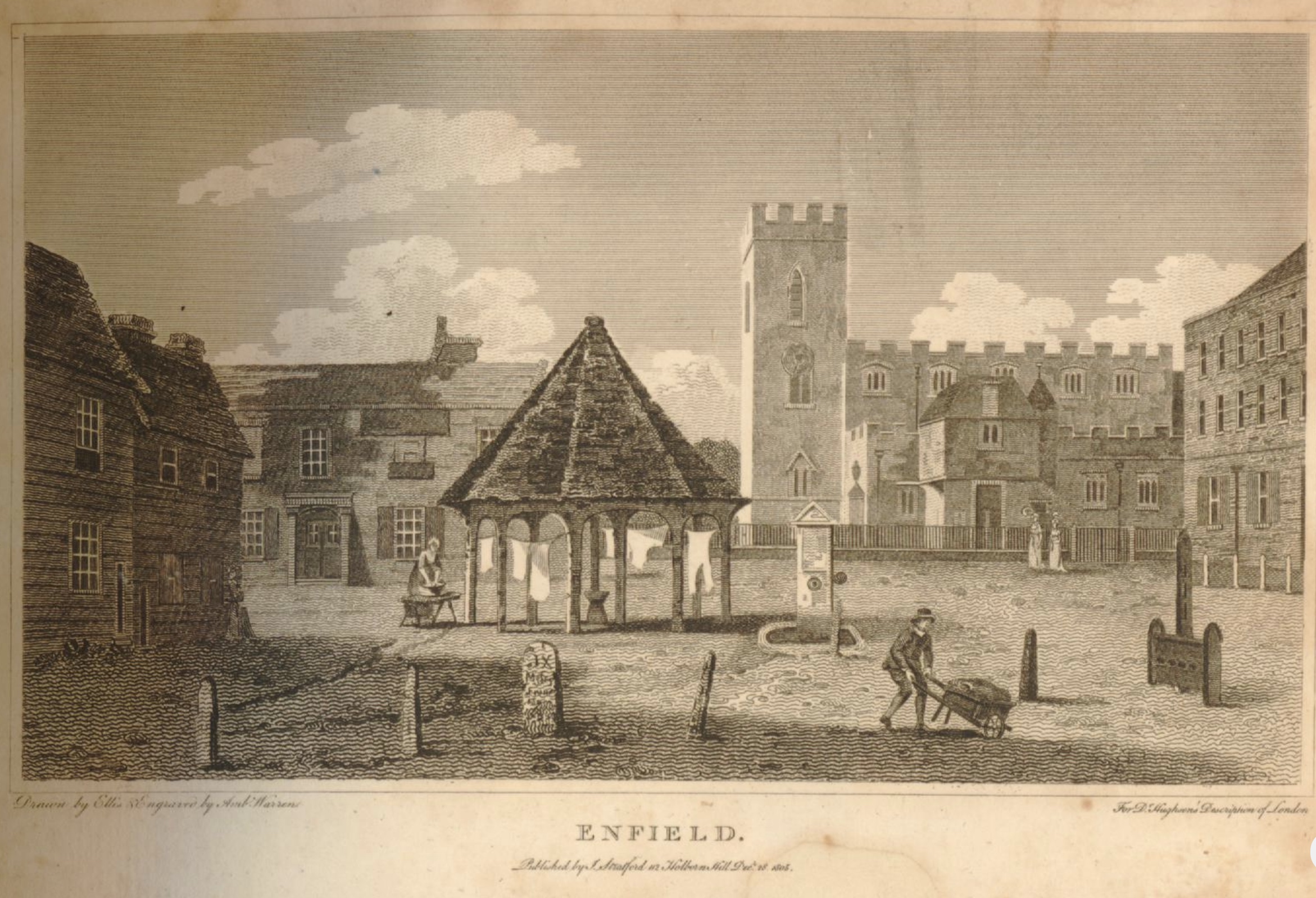 Town square, Enfield, 1805, which Keats no doubt was acquainted with (British
        Museum 1927,1126.1.26.67). Click to enlarge.