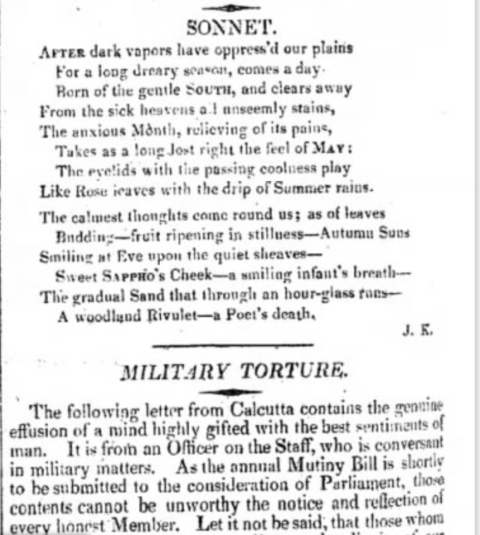 The first publication of “After dark vapours” in The Examiner for 23 February, 1817, p.12.