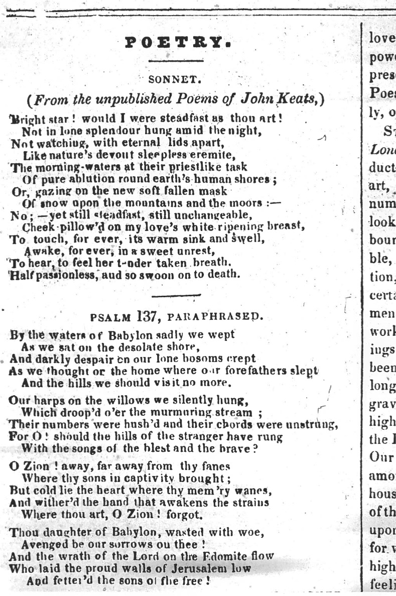 First publication of Bright Star, in The Plymouth and Devonport Weekly 
        Journal, 27 September 1838. My thanks to the Plymouth Central Library for 
        generously supplying this image.