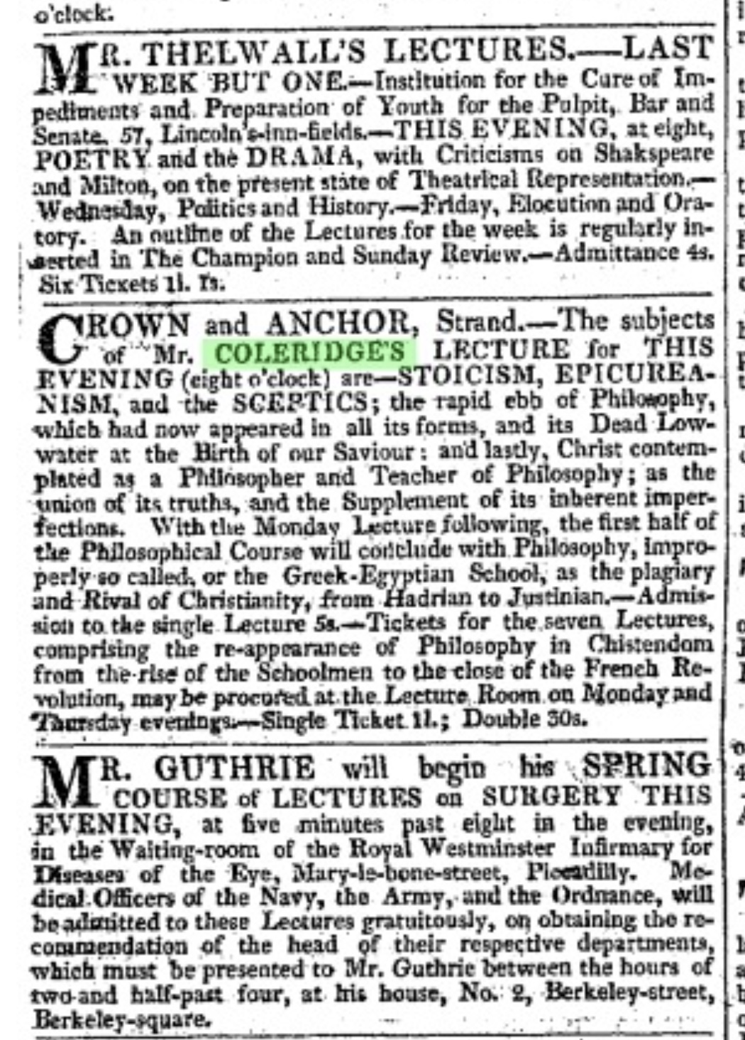  *Coleridge’s lecture (on just about everything) advertised in The Morning Chronicle, 25 January 1821. Keats might have got
        some of this on his walk with Coleridge. (Click image to enlarge.)