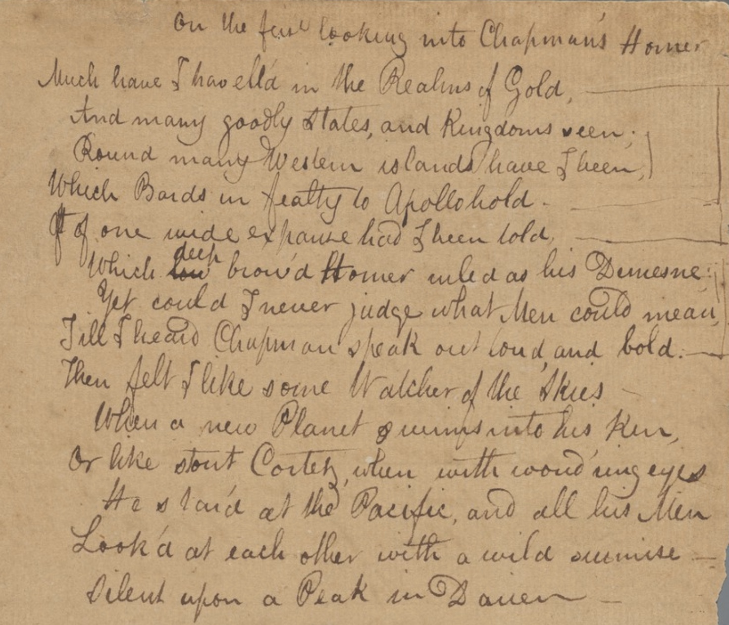 Early draft (or more likely, fair copy) of On [the] first looking into
            Chapman’s Homer (Houghton Library, Harvard University, Keats MS 2.4). Click
        to expand.