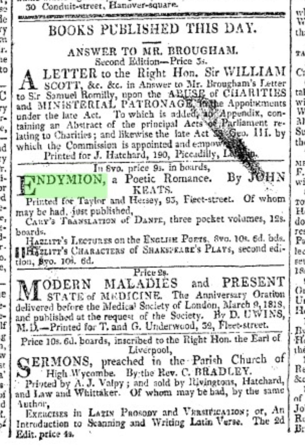 
        Endymion advertised in The Morning Chronicle, 13
        October 1818. Click to enlarge.