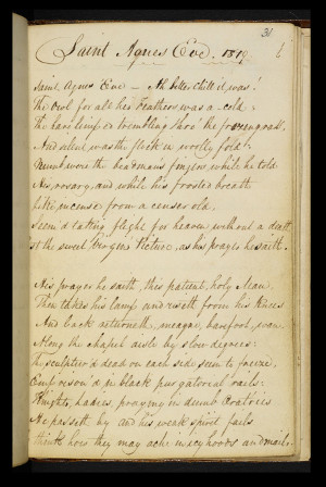 First page of fair copy of The Eve of St. Agnes,
        likely in George Keats’s hand (British Library, Egerton MS 2780). Click to
        enlarge.