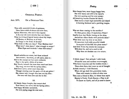 First publication of Ode on a Grecian Urn, in Annals of the Fine Arts, Jan 1820, IV, No.15, pp.638-39.
        (Click image to enlarge.)