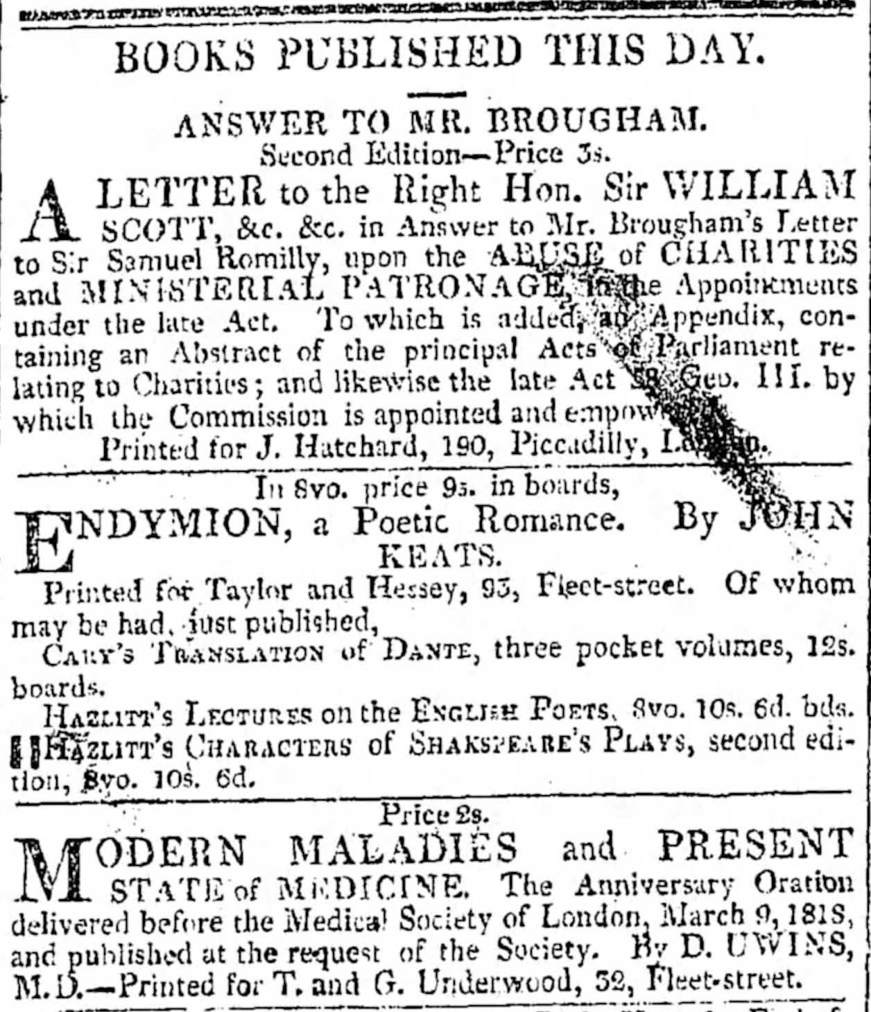  Keats and Hazlitt paired in a publication notice in The Morning Chronicle, 13 October 1818, along with Dante. Keats is in good
        company. Keats owns a copy of Hazlitt’s book as well as Cary’s pockettranslation of
        Dante. Click to enlarge.