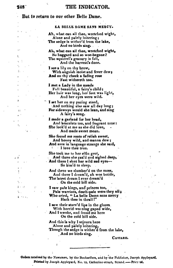 
        La Belle Dame in The Indicator, 10 May 1820. (Click to enlarge.)