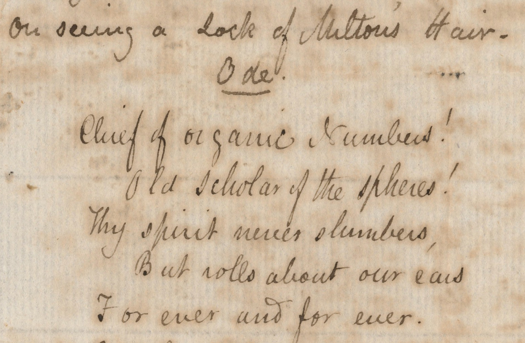 Opening of On Seeing a Lock of Milton’s Hair. Ode.
        Keats to Bailey, 23 Jan 1818. Click to enlarge.