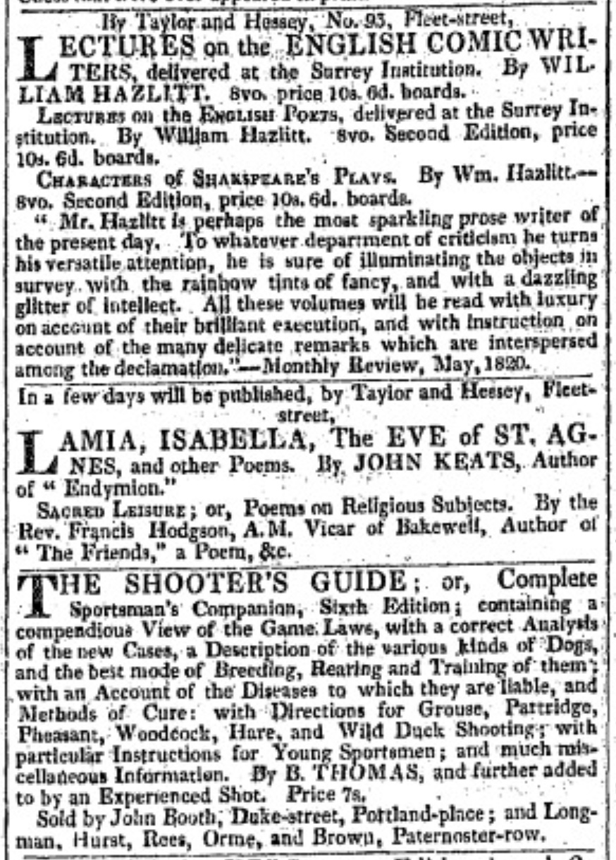 Notice of the forthcoming 1820 collection in The
          Morning Chronicle, 27 July 1820. Note William Hazlitt (one of Keats’s critical
        mentors) is also advertised.