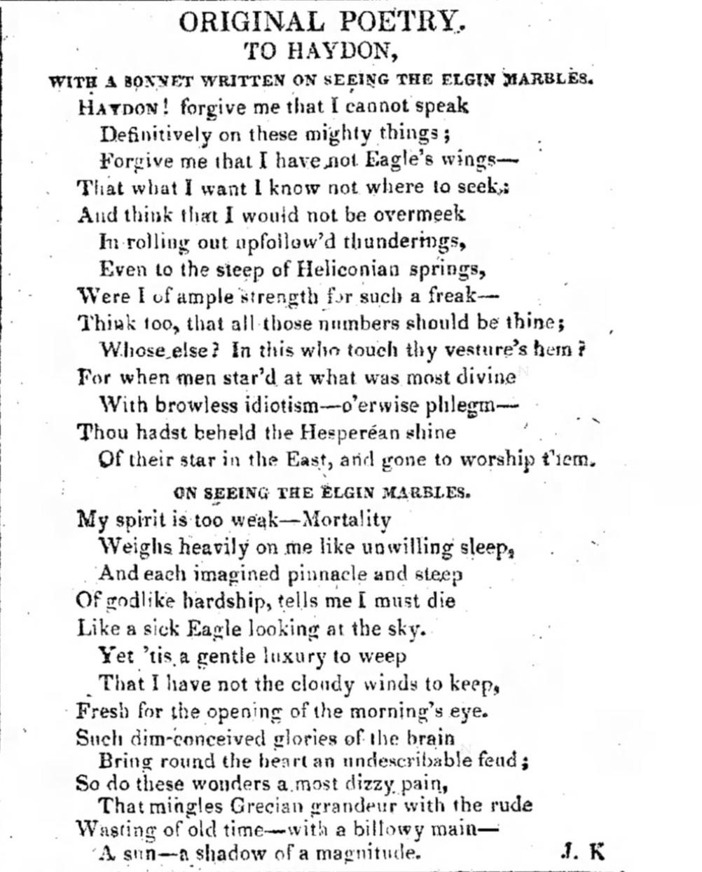 Publication of Keats’s Elgin Marble poems in The Examiner, 9 March 1817, p.155.