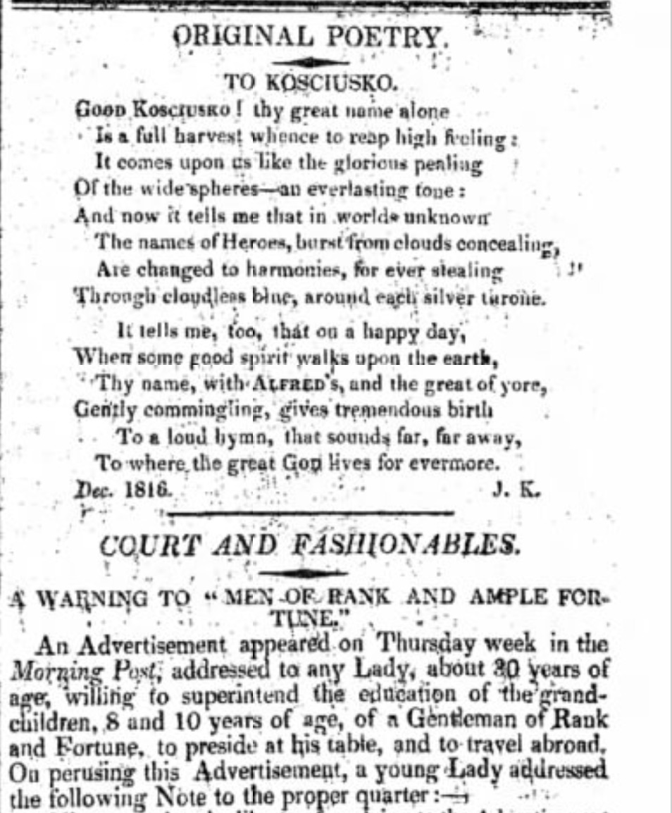 First publication of “To Kosciusko,” in The Examiner, 16 February 1817, p.11.