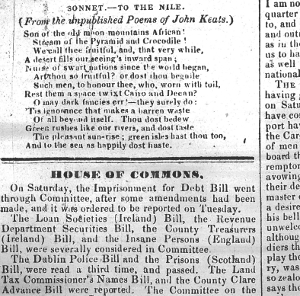 First publication of To the Nile, 19 July 1838, Plymouth and Devonport Weekly Journal (my thanks to the Plymouth Central Library for this image)