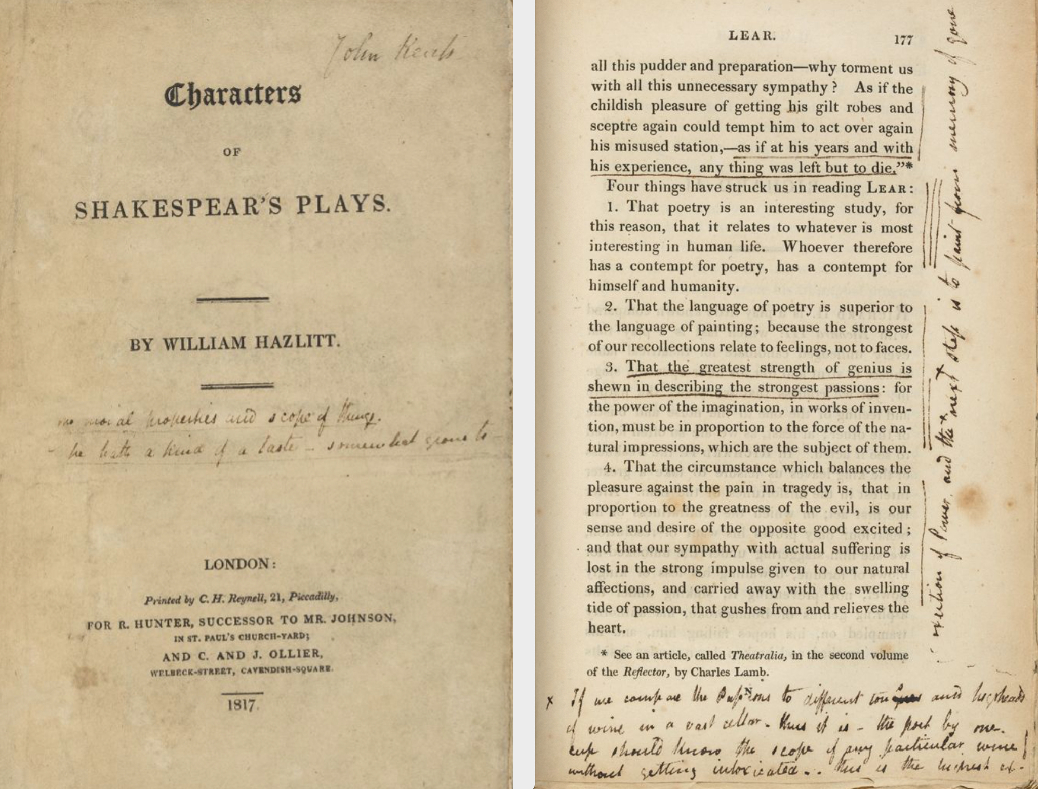 *Keats’s copy of Hazlitt’s Characters of Shakespear’s Plays (title page
        and p.177, with Keats’s notes). Houghton Library, Harvard (EC8 K2262 Zz817h). Click to
        enlarge.