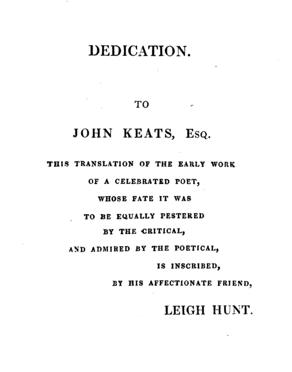 Dedication to Keats in Hunt’s 1820 Amyntas, A Tale of the Woods. Click to enlarge.