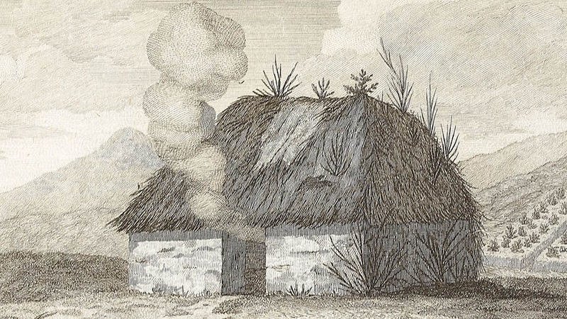 Irish cabin, c.1790, by Arthur Young (Moore Institute, NUI Galway). *Note: no
        windows and no chimney, as Keats also describes seeing in Scotland. 