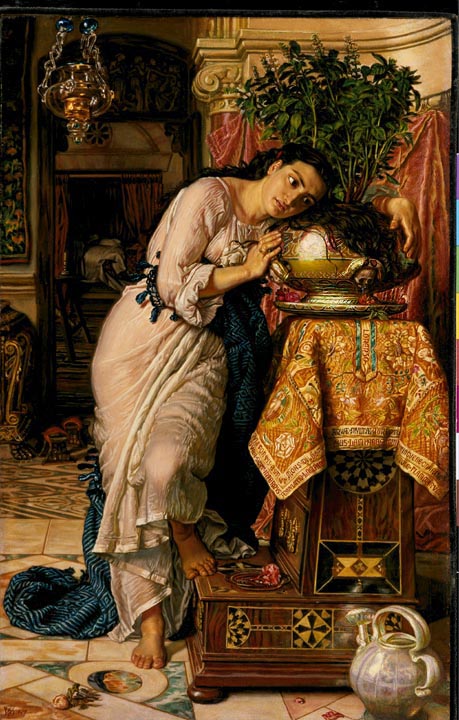 Isabella and the Pot of Basil by William Holman Hunt, 1868 (formerly part of the Delaware Art Museum; auctioned to a private collector, 2014). Click to enlarge.