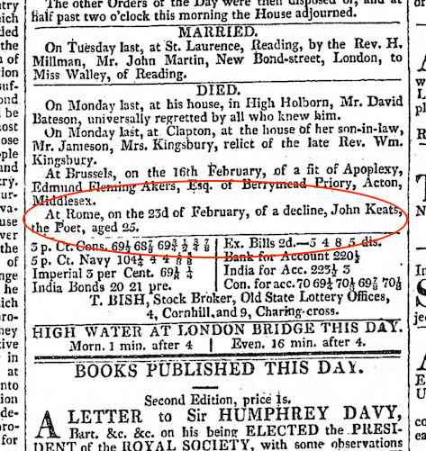 Notice of Keats’s death, of a decline, in The Morning Chronicle, 22 March 1821