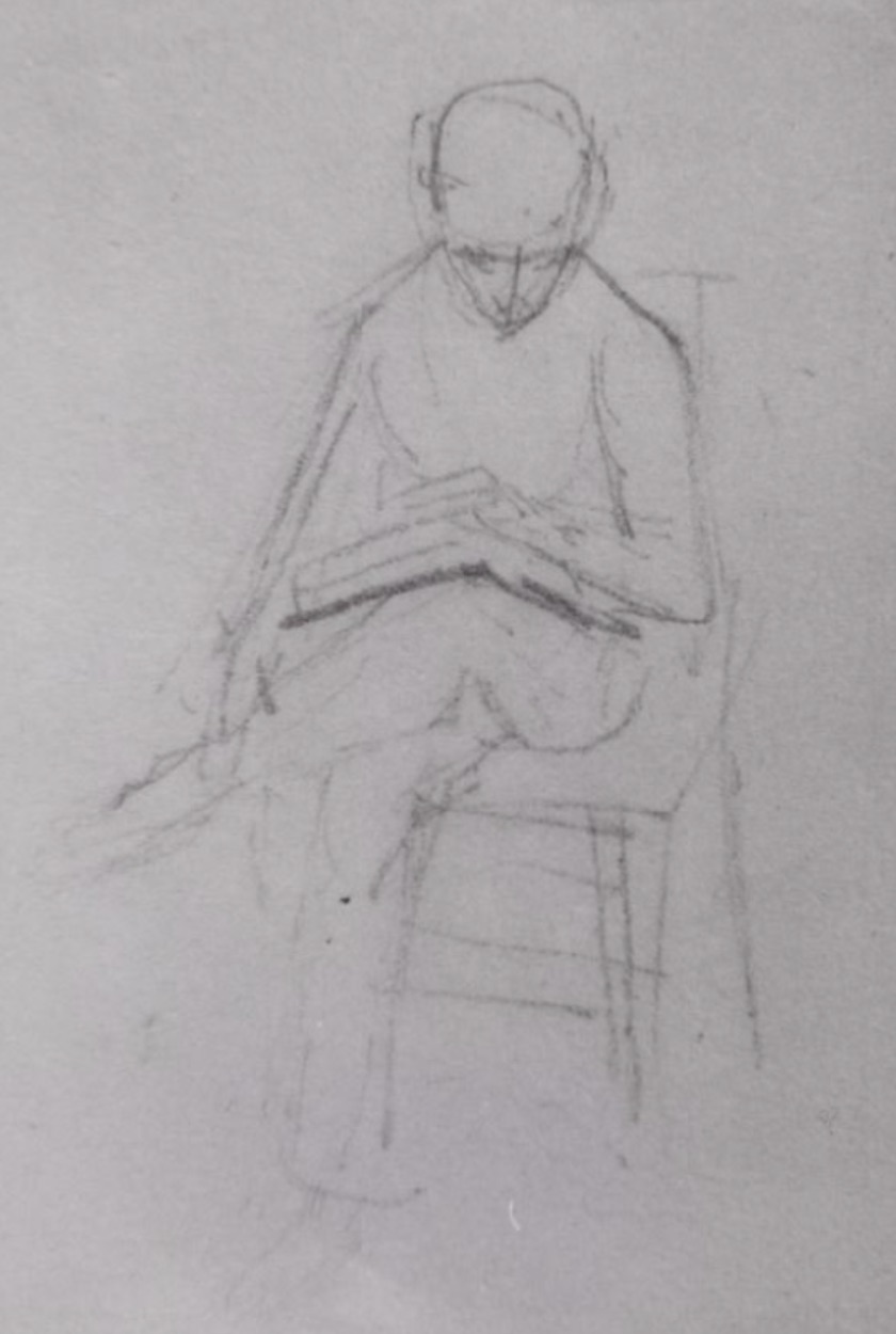 Sketch of Keats, sitting down to read. Found in a notebook belonging to brother
        Tom. Keats-Shelley House, Rome. Click to enlarge.