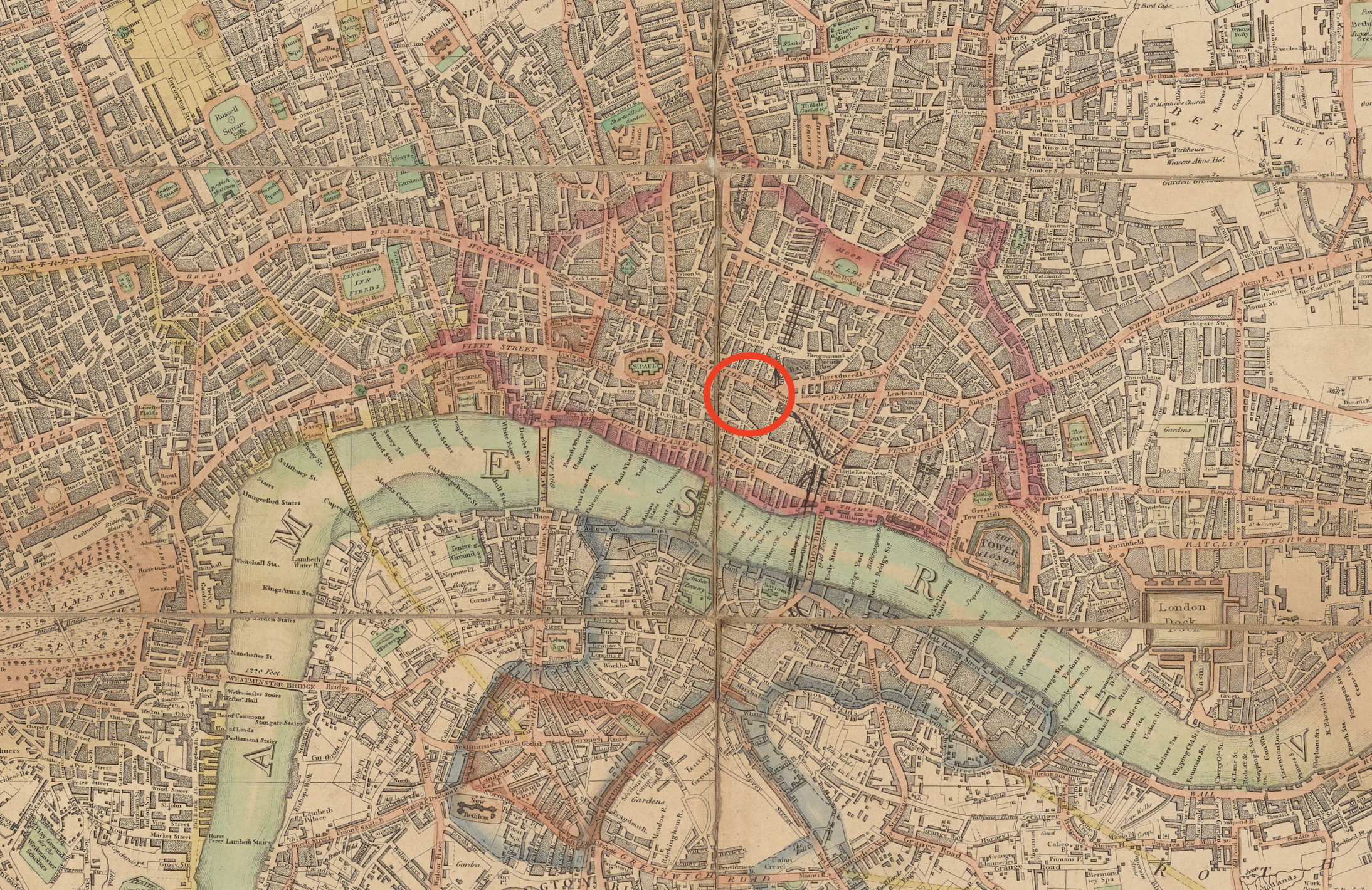Laurie and Whittle’s London, 1817. Circled: Poultry, Cheapside, Pancras Lane.
        Click to enlarge.
