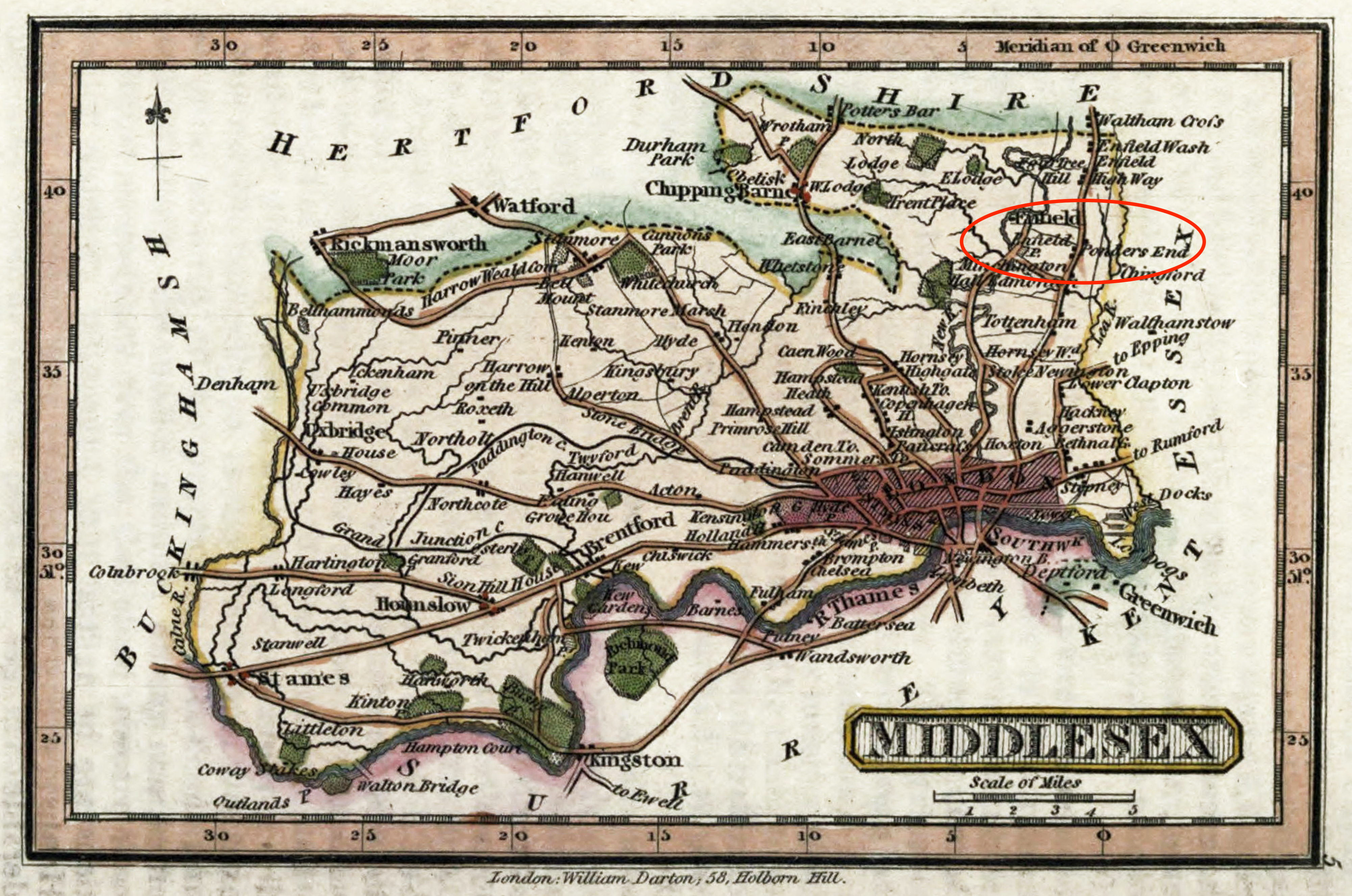 Middlesex, with Enfield circled (and Ponders End). Click to enlarge.