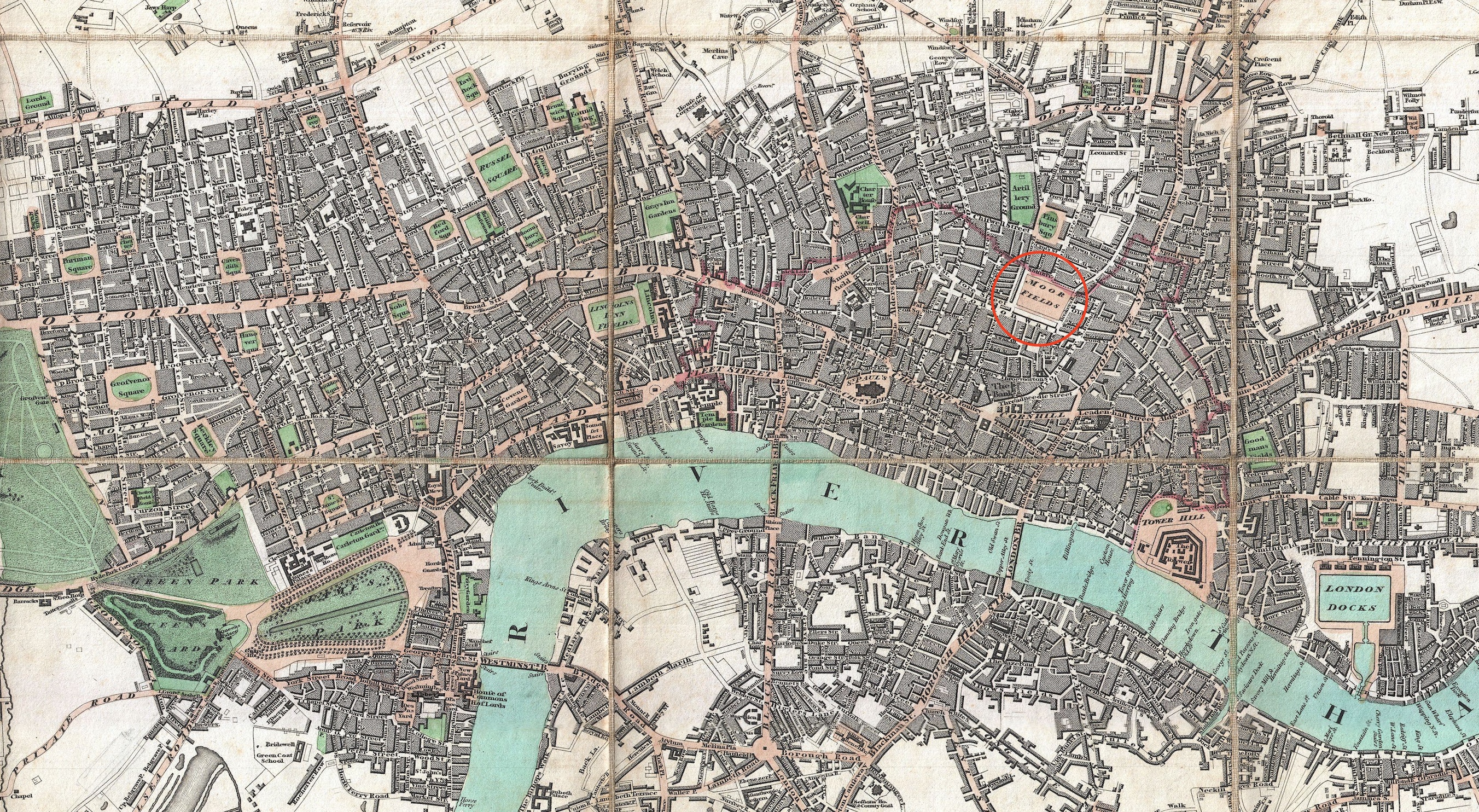 Moorfields area of London, Edward Mogg’s 1806 map. Click to enlarge.
