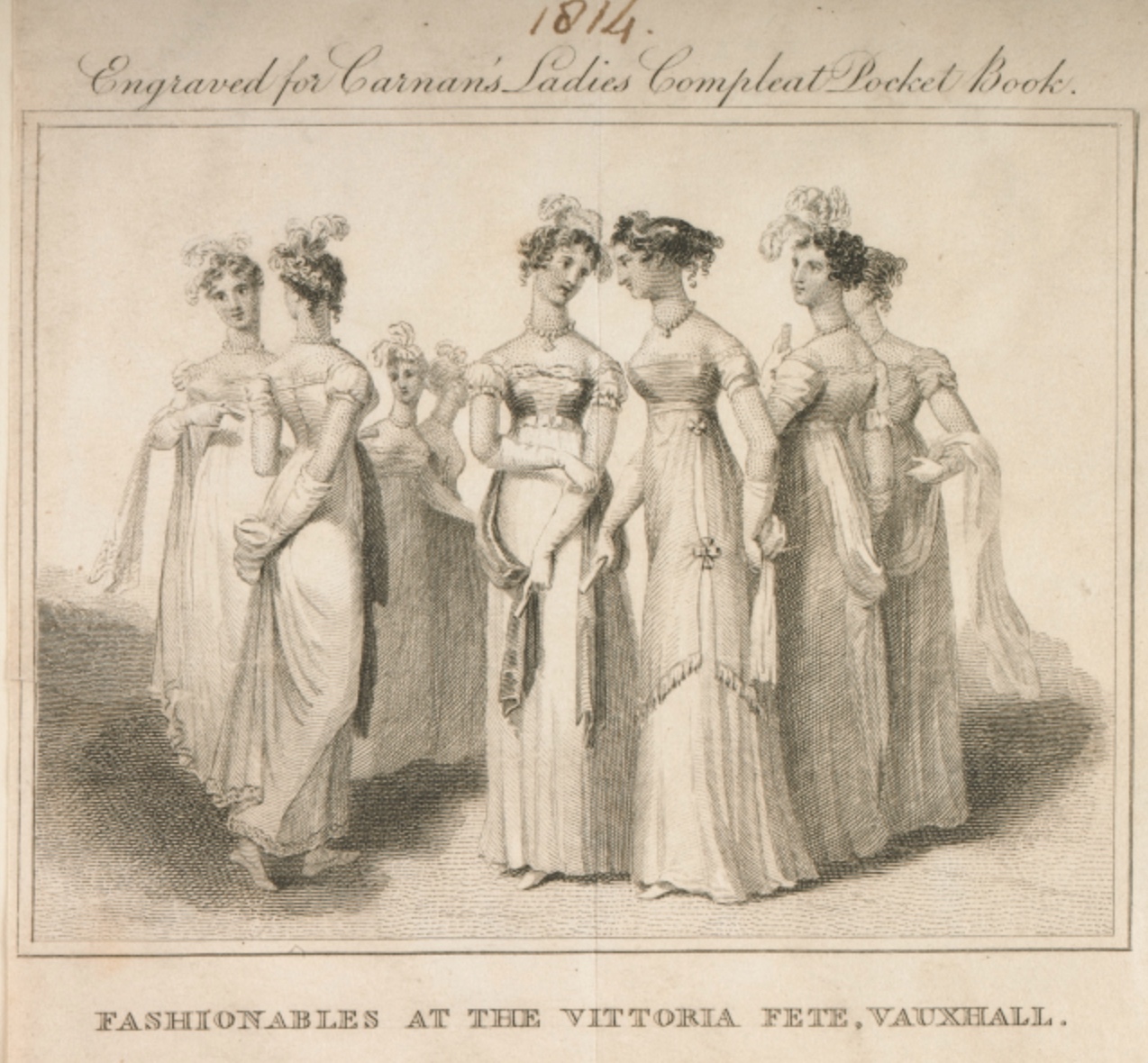 Fashionable Women at Vauxhall to celebrate a military victory, 1813/1814 (Museum
        of London 2002.139/2294). Click to enlarge.