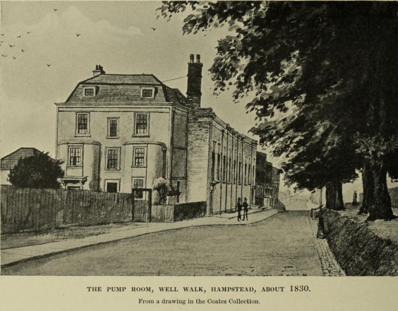 Well Walk, c.1830: the Pump Room (since pulled down), looking towards Keats’s
        lodgings (no. 1 would be at the far end of the row). My thanks to Kenneth Page of Keats
        House, London, for drawing my attention to this image from Thomas J. Barratt’s Annals of
          Hampstead (1912). Click to enlarge.