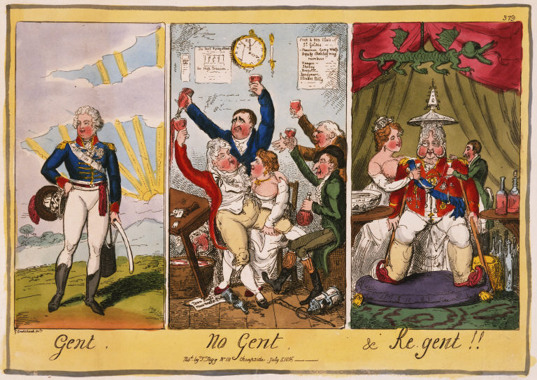 Gent, No Gent, & Re Gent, by George Cruikshand, 1816. Click to
        enlarge.