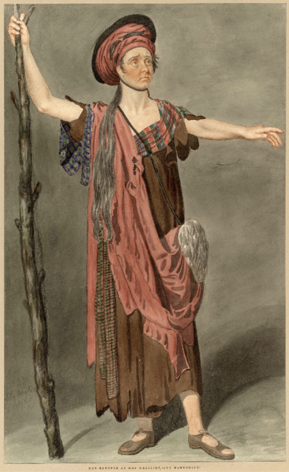 Sarah Egerton, actress, as Meg Merrilies, in the London stage production of
          Guy Mannering. By Samuel De Wilde (British Museum M,32.7). Click to
        enlarge.