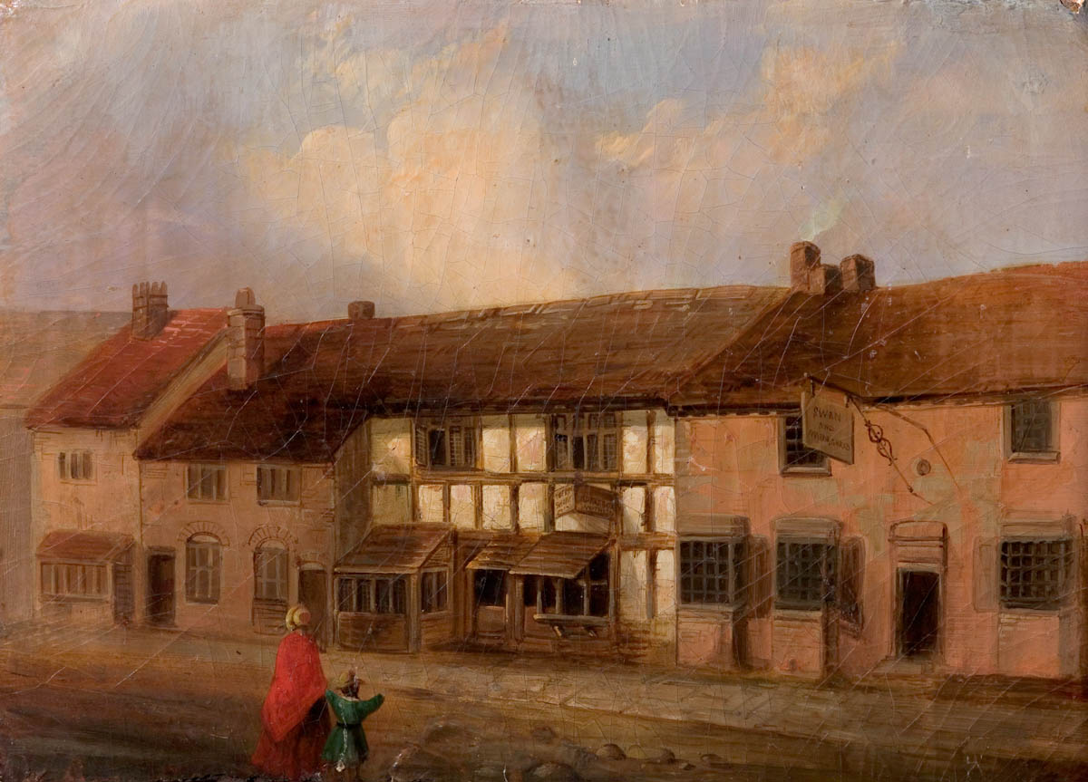 Shakespeare’s birthplace (artist unknown) c.1801-1847. The painting is at the
        Shakespeare Birthplace Trust museum (STRST : SBT 2004-39/1). Click to enlarge.