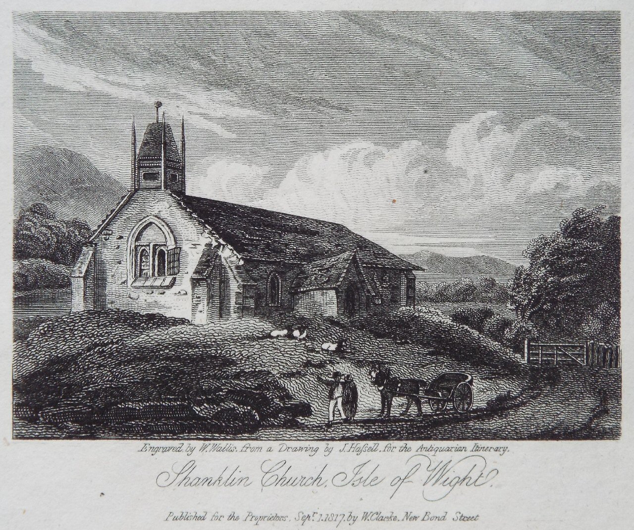 Shanklin Church, 1817. Brown has time to sketch the church sometime just before
        31 July. Keats tries his hand, too, but he is impressed by Brown’s skill. Click to
        enlarge.