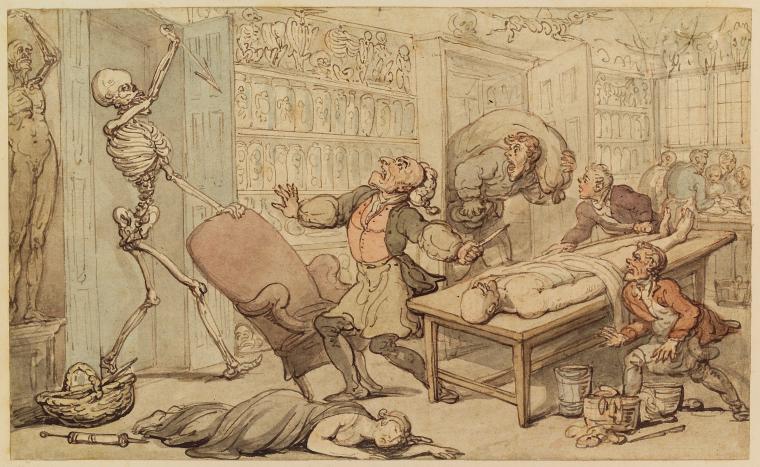 Thomas Rowlandson’s 1815 depiction of the dissection room (Spencer Collection, New York Public Library). Click to enlarge.  
        