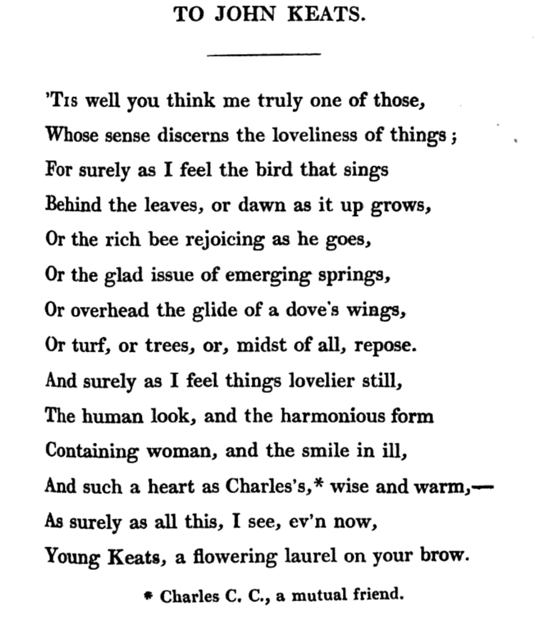 Hunt’s poem To John Keats as published in Foliage (1818) Click to
        enlarge.