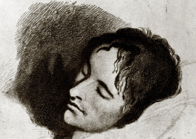 Keats on his deathbed, by Severn, 28 January 1821, 3:00 am: under the sketch,
        Severn writes, a deadly sweat… (Keats-Shelley House, Rome)