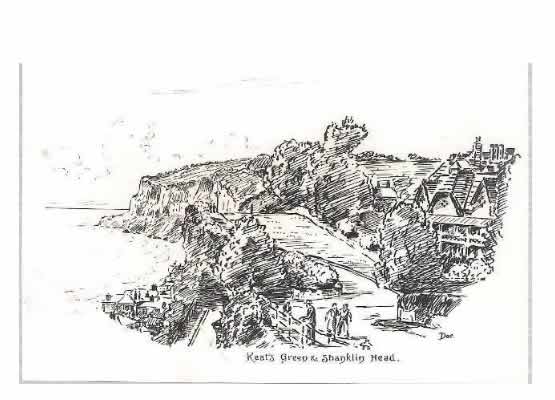 Old postcard: Keats Green & Shanklin Head. The cliff-top promenade
(known earlier as Cliff-green or the Cliff Green, and part of a larger section known as
Thorn Beds) was, in 1898, officially given the name Keats Green by the local district
council, although name plaques were not added until 1910. The suggestion seems to have come
via Arthur Patchett Martin. It will become a place for concerts and events. My thanks to the
Shanklin & District History Society for this documentation. Old postcard: Keats Green & Shanklin Head. The cliff-top promenade
(known earlier as Cliff-green or the Cliff Green, and part of a larger section known as
Thorn Beds) was, in 1898, officially given the name Keats Green by the local district
council, although name plaques were not added until 1910. The suggestion seems to have come
via Arthur Patchett Martin. It will become a place for concerts and events. My thanks to the
Shanklin & District History Society for this documentation.
