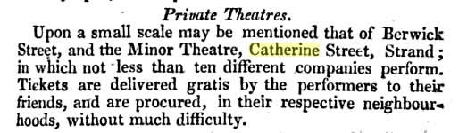 Theatres like The Minor often challenged class, tastes, and legalities (the
        above clipping from A Picture of London for 1818 (19th edition)
