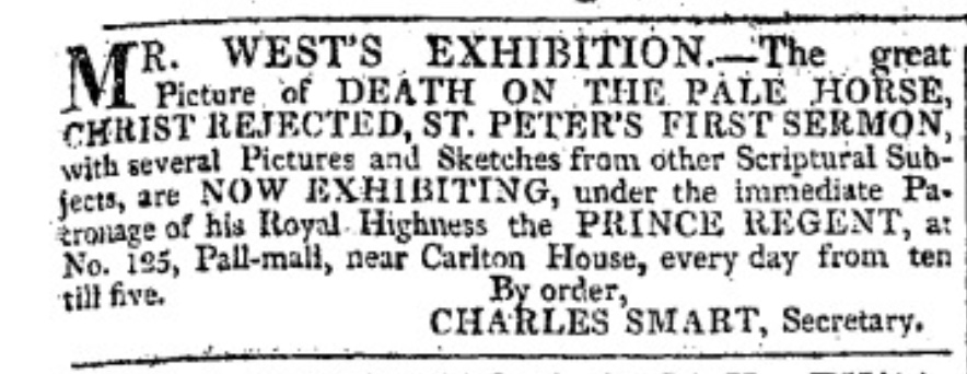 Ad for Mr. Westâ€™s Exhibition, Morning Chronicle. Click to
        enlarge.