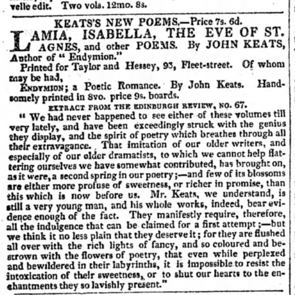 Keatsâ€™s New Poems, advertised in The Morning
          Chronicle, 28 Feb 1821, unaware of Keatsâ€™s death