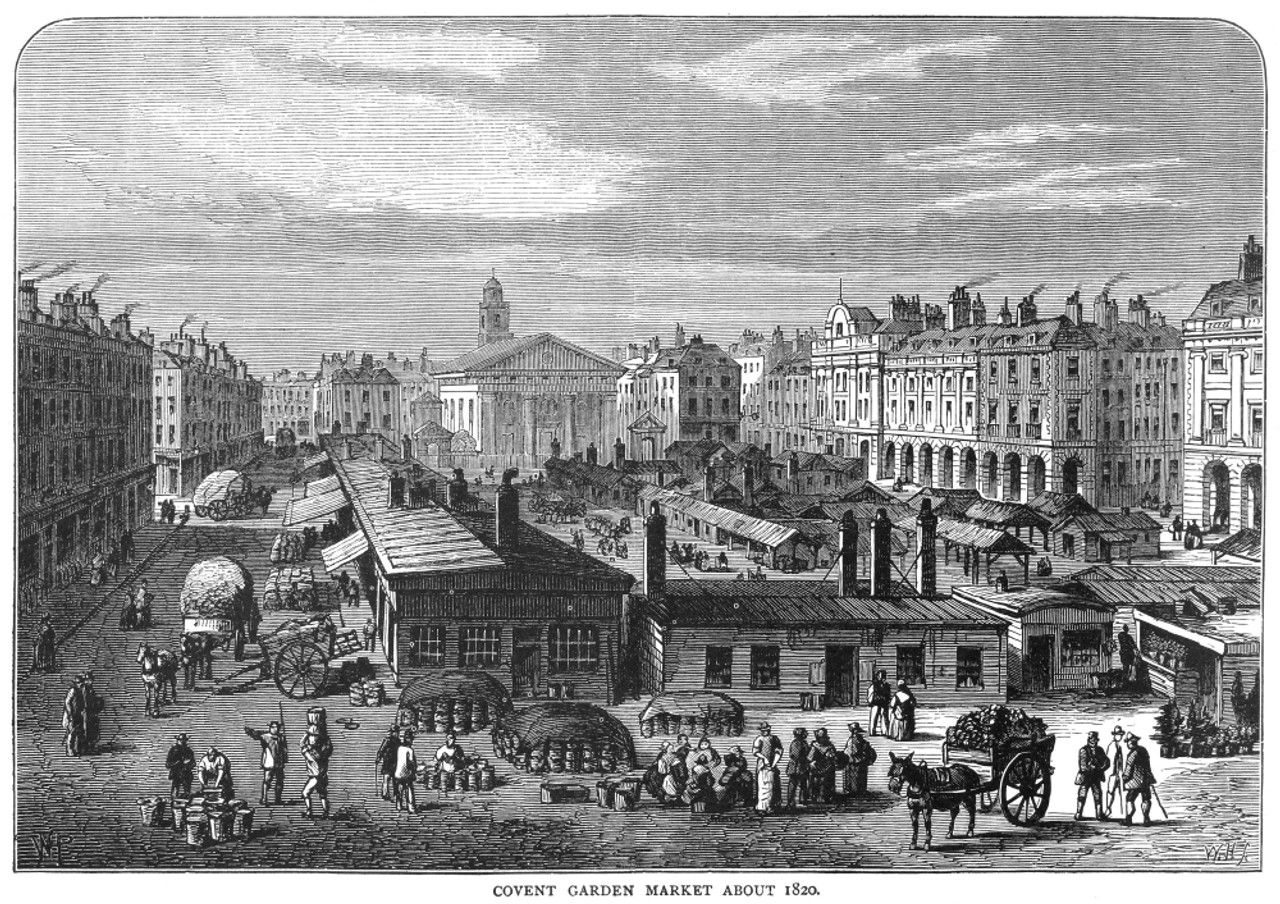 Covent Garden Market, London, c.1820. Click to enlarge.