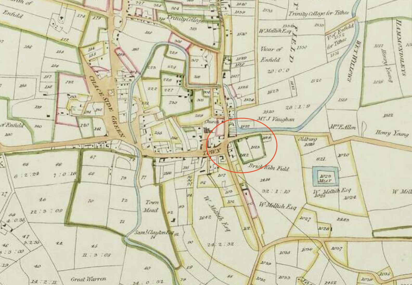 Plan of the Parish of Enfield, 1803/1823: Clarke’s Academy grounds are
        marked by the green square. Click to enlarge.