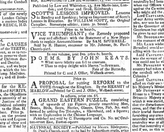 Ad for Keatsâ€™s 1817 collection in The Morning Chronicle, 20 March 1817