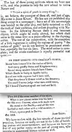 First publication of On First Looking into Chapman’s
          Homer,
        The Examiner, 1 Dec 1816, pp.761-62