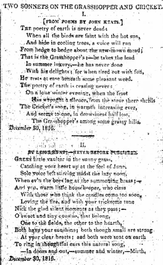 Publication of the Grasshopper and Cricket sonnets by Keats and Hunt, in The
        Examiner, 21 September 1817. Click to enlarge.