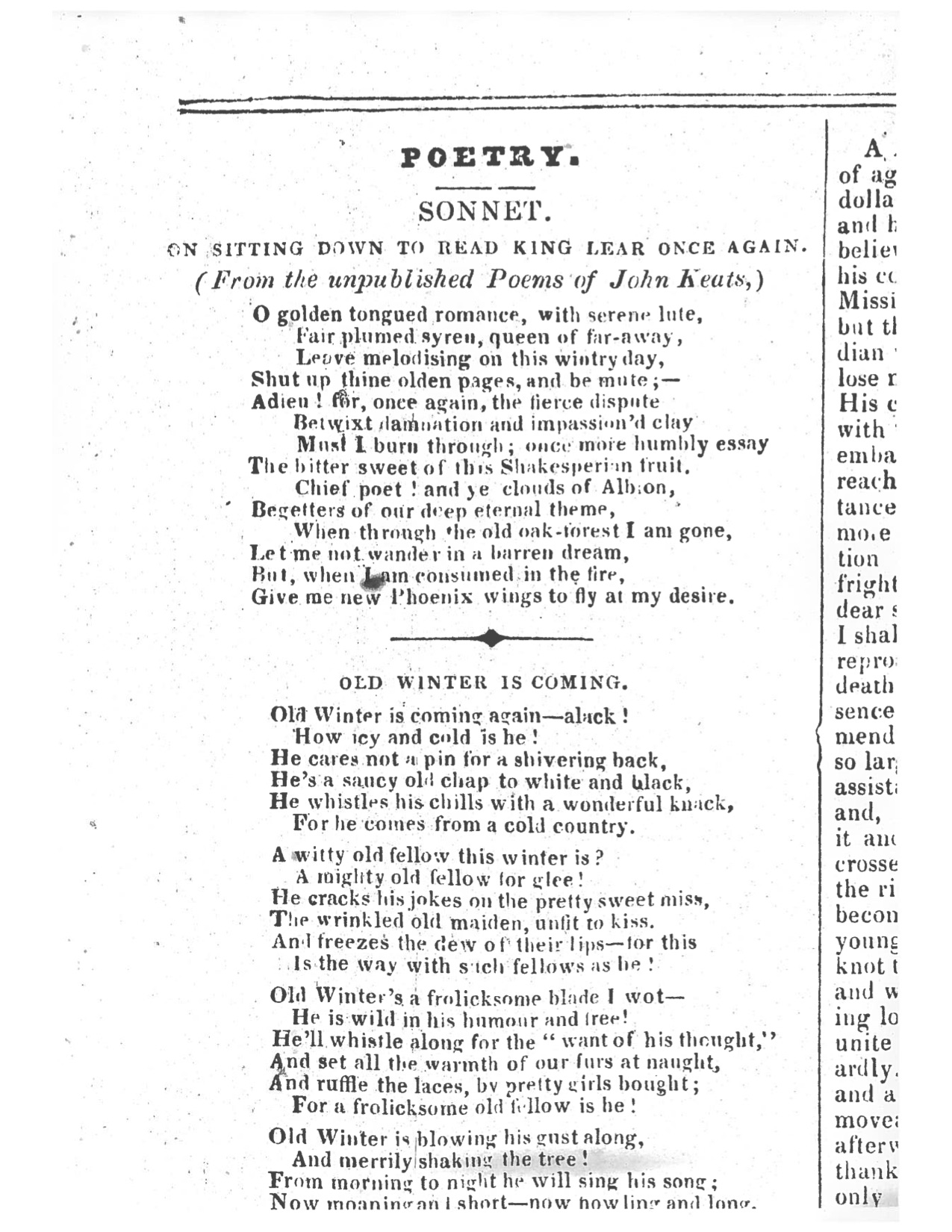 First publication of On Sitting Down to Read King Lear Once Again, in The
        Plymouth and Devonport Weekly Journal, 8 November 1838. My thanks to the
        Plymouth Central Library for making and providing this image.