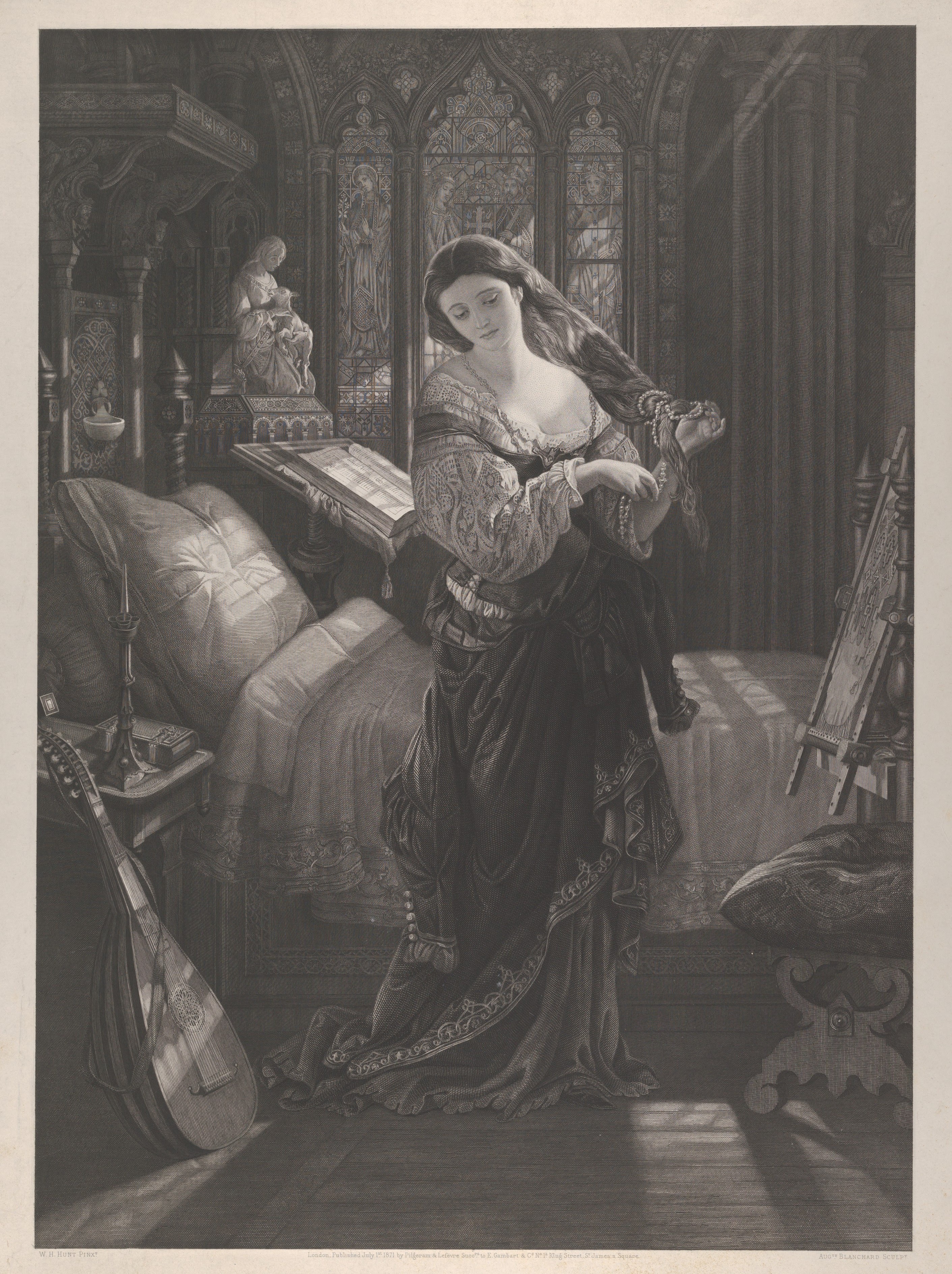 Madeline after Prayer, engraved by Auguste-Thomas-Marie Blanchard (1871)
        after|Daniel Maclise, The Metropolitan Museum of Art (63.648.28). Porphyro is hidden in the
        closet—watching and waiting. 